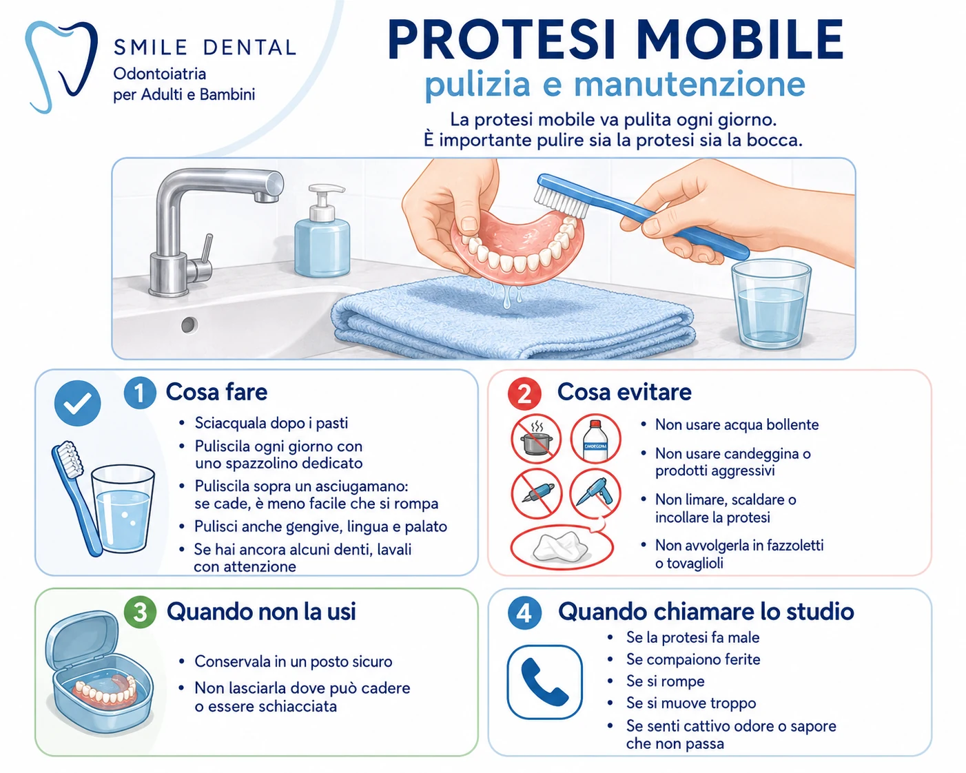 Protesi mobile: pulizia sopra un asciugamano